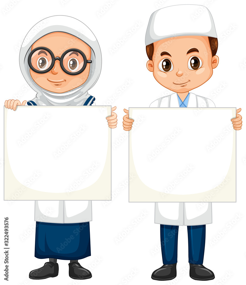 Boy and girl in science gown standing on white background Boy and girl in science gown standing on white background
