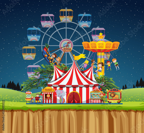 Circus scene with people on the rides at night