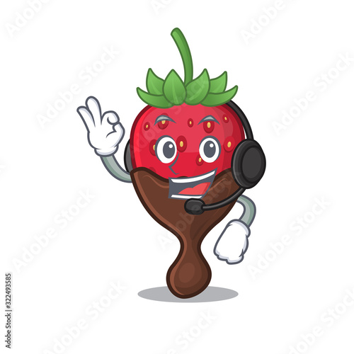 Happy chocolate strawberry mascot design style wearing headphone
