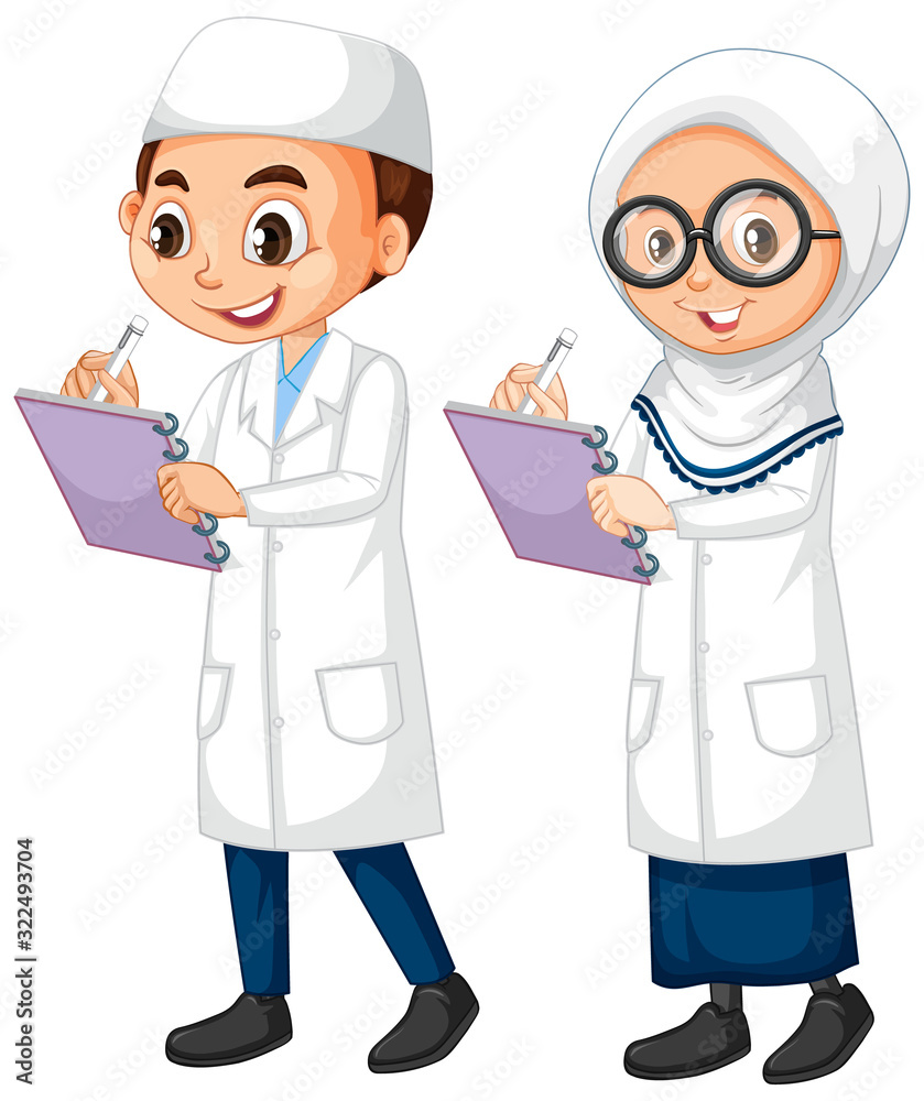 Boy and girl in science gown standing on white background Boy and girl in science gown standing on white background