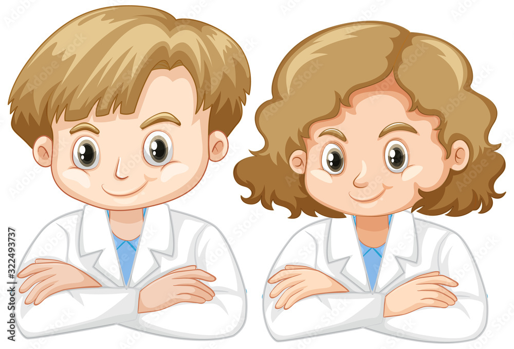 Girl and boy in science gown on white background Girl and boy in science gown on white background