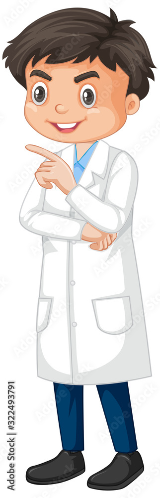 Boy wearing lab gown on white background