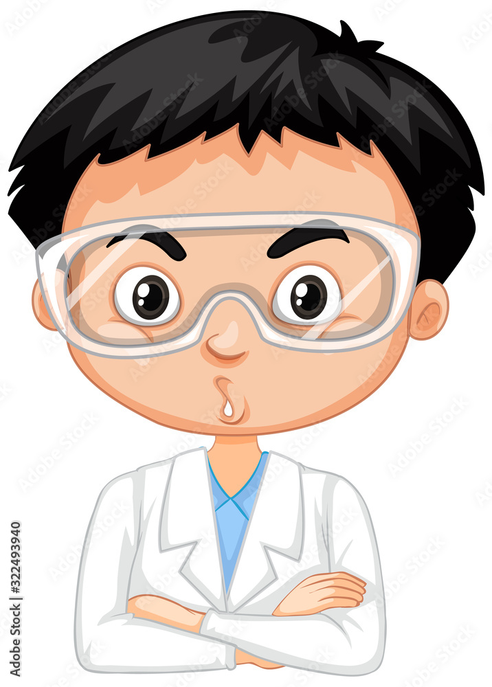 Cute boy in lab gown on white background