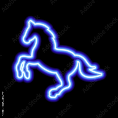 Blue neon sign of horse on black background. Vector illustration