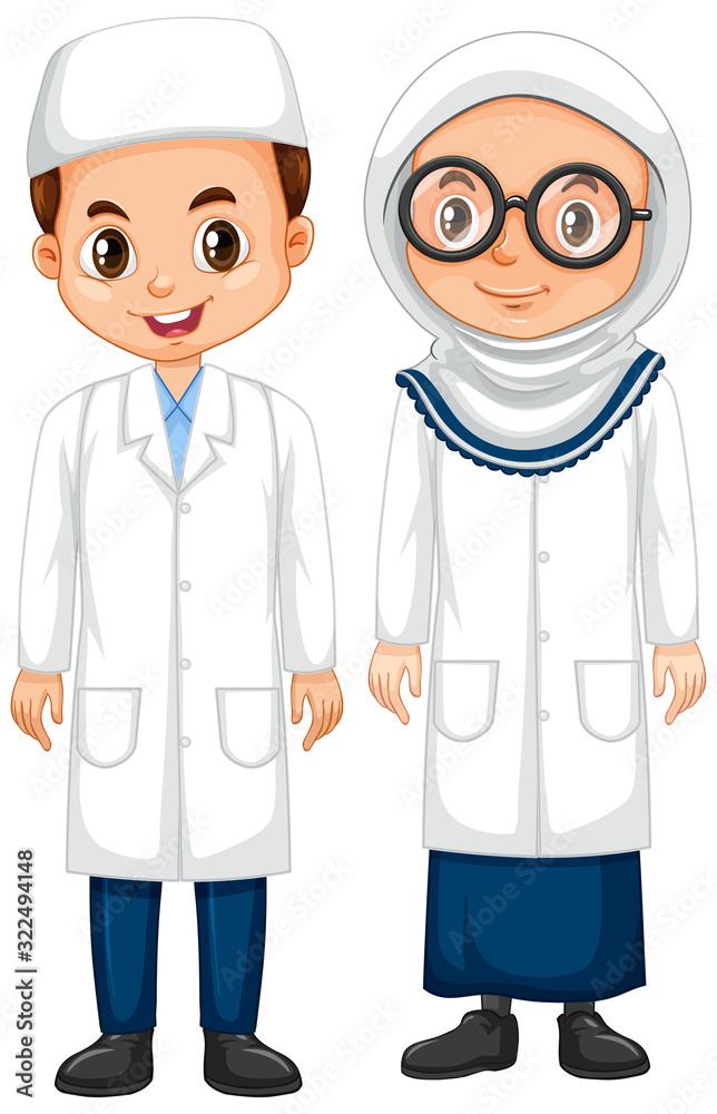 Boy and girl in science gown standing on white background Boy and girl in science gown standing on white background