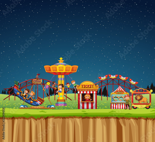 Circus scene with people on the rides at night