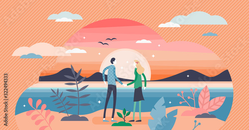 Romance sunset scene with a couple holding hands, flat tiny person vector illustration