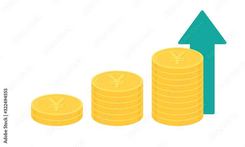 Stack of gold Japanese yen or Chinese yuan coins with green upward pointing arrow. Business growth concept. Flat design vector illustration. Stack of gold Japanese yen or Chinese yuan coins with green upward pointing arrow. Business growth concept. Flat design vector illustration.