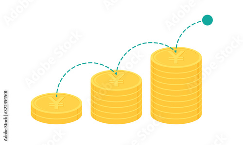 Bouncing ball on stack of gold Japanese yen or Chinese yuan coins. Business growth concept. Flat design vector illustration.