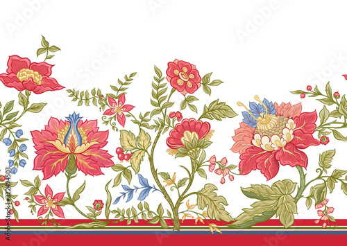 Seamless pattern with stylized ornamental flowers in retro, vintage style. Jacobin embroidery. Colored vector illustration isolated on white background.