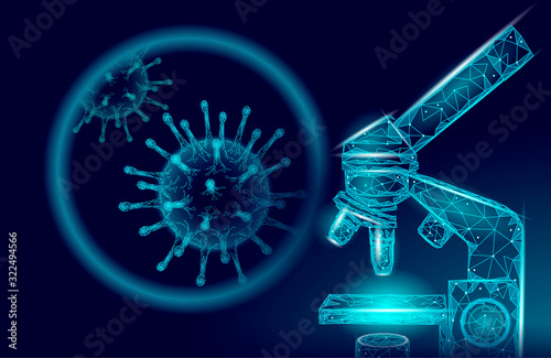 Microscope virus 3D low poly render. Laboratory analysis infection virus influenza flu pneumonia. Modern science technology medicine vector illustration