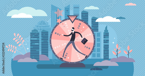 Lottery wheel job market creative concept, flat tiny person vector illustration
