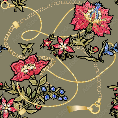 Fantasy flowers in retro, vintage, jacobean embroidery style with gold chains. Embroidery imitation with beads and sequins. Seamless pattern, background. Vector illustration