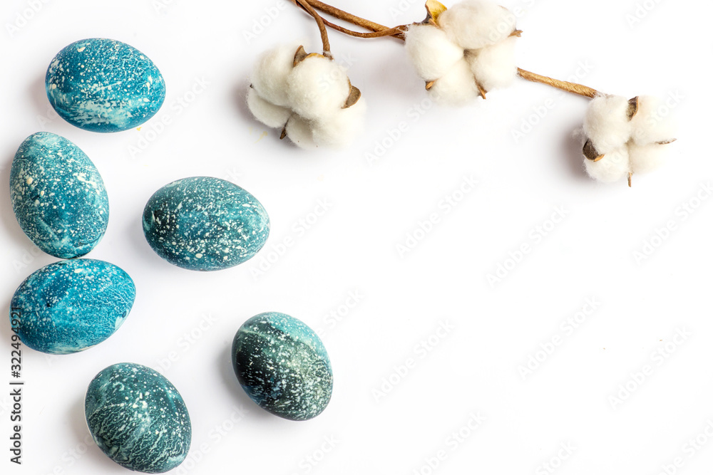 easter eggs and cotton flower on white background, easter card easter eggs and cotton flower on white background, easter card