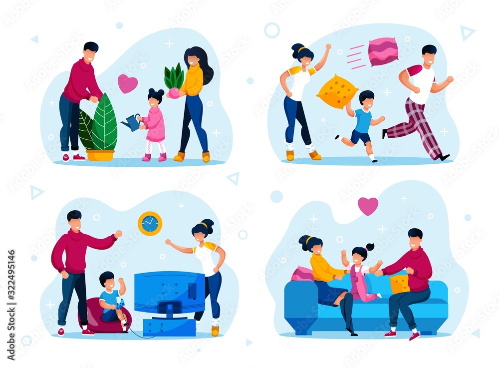 Fototapeta Happy Family Home Leisure and Relax Trendy Flat Vector Concepts Set. Parents with Children Fooling Around, Playing Video Games, Watering Plants at Home, Resting Together on Sofa Isolated Illustrations