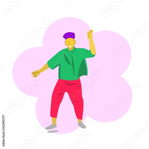 a brightly dressed young man character dancing.vector illustration