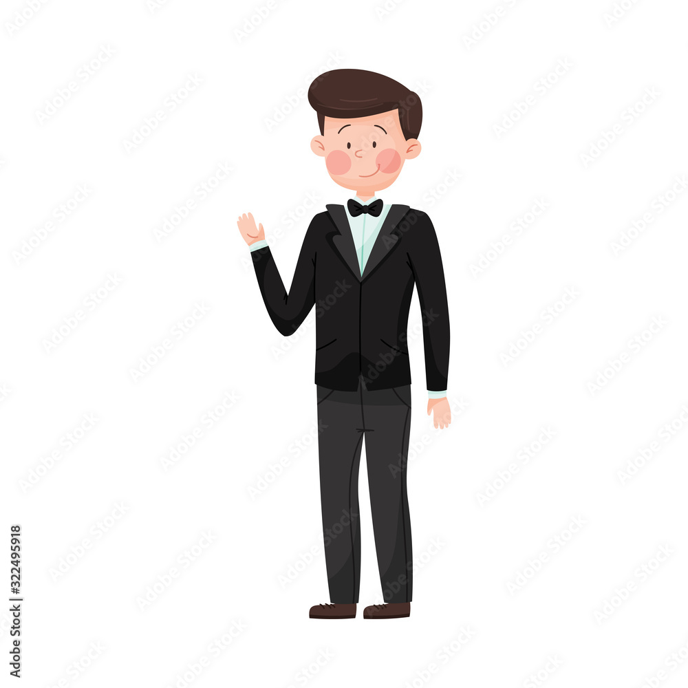 Young Smiling Man Wearing Evening Wear Waving Hand at Red Carpet Event Vector Illustration