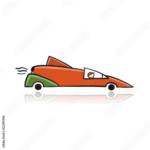 Retro racing car red, isolated on white. Sketch for your design
