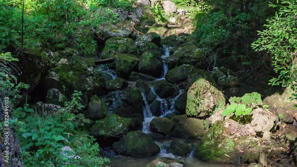 Stream in Huda Luknja flowing in slow motion. Shot during Summer in Dolic, Slovenia. Camera slowly pans down. Stream in Huda Luknja flowing in slow motion. Shot during Summer in Dolic, Slovenia. Camera slowly pans down.