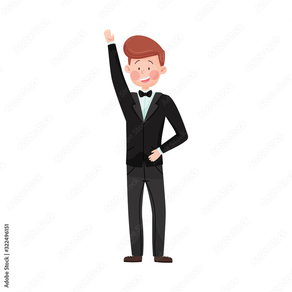 Young Smiling Man Wearing Evening Wear Waving Hand at Red Carpet Event Vector Illustration