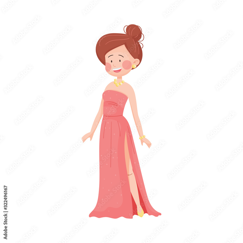 Young Woman Wearing Evening Dress Posing at Red Carpet Event Vector Illustration