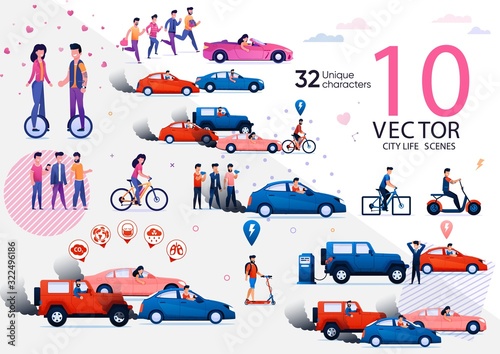 Air Pollution with Passenger Transport, Health Threats from City Smog and Toxic Gases Trendy Flat Vector Scenes Set. People Characters Driving Car, Riding Bike and Self-Balanced Wheels Illustrations