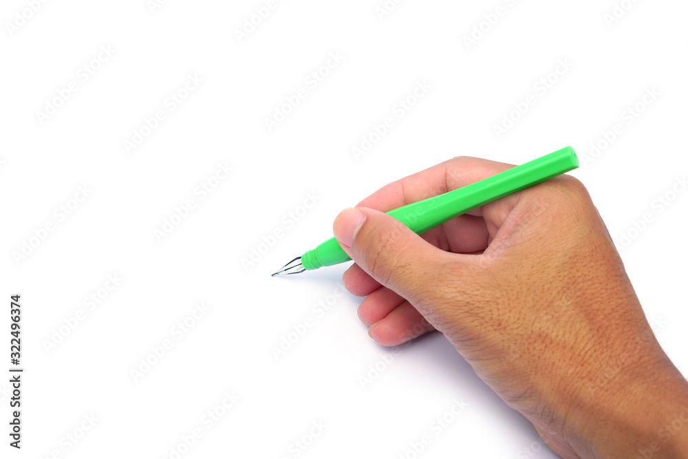 male hand writing with a pan, hand with pencil isolated on white male hand writing with a pan, hand with pencil isolated on white
