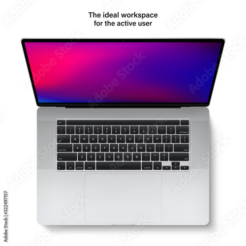 laptop with keyboard and touchpad silver color and colored screen top view isolated on white background. flat lay realistic and detailed notebook mockup. stock vector 3d illustration