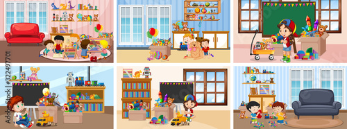 Six scenes with children doing activities in different rooms