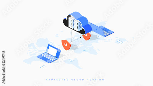 Isometric Infographic illustration of secure cloud hosting.