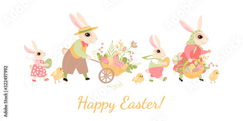 Vector Easter greeting banner with a happy family of Easter bunnies carrying painted eggs and flowers and little chickens with them.