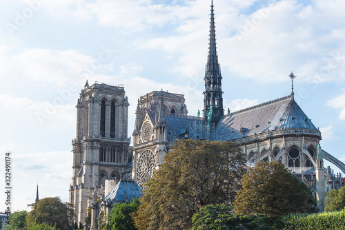 Paris, France - 08/22/2018: Beautiful view of Notre Dame de Paris cathedral on sunny day