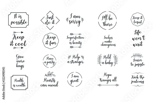 Set of 20 vector Motivation Inspiring Quotes. Ready to post in social media, brochure, magazine. 