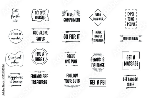 Set of 20 vector Motivation Inspiring Quotes. Ready to post in social media, brochure, magazine. 