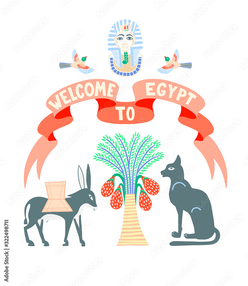 Pharaoh Ribbon Vetor de welcome to Egypt poster - red ribbon with egyptian god symbols ...