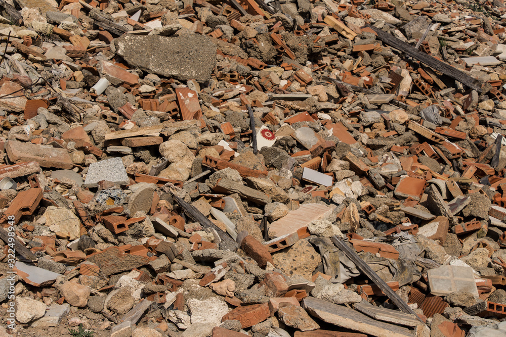 tip, rubble of tiles in house demolition, broken of roof tiles and bricks fragments, construction and architecture tip, rubble of tiles in house demolition, broken of roof tiles and bricks fragments, construction and architecture