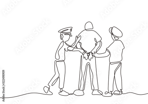 Continuous line drawing. Police officer placing handcuffs on prisoner. Criminal theme one hand drawn sketch design.