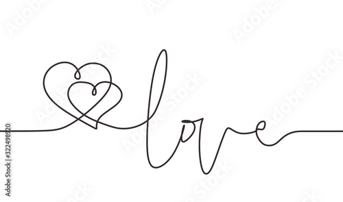 Continuous line drawing two hearts embracing, Vector minimalist illustration of love lettering text concept. Minimalism one hand drawn sketch romantic theme.