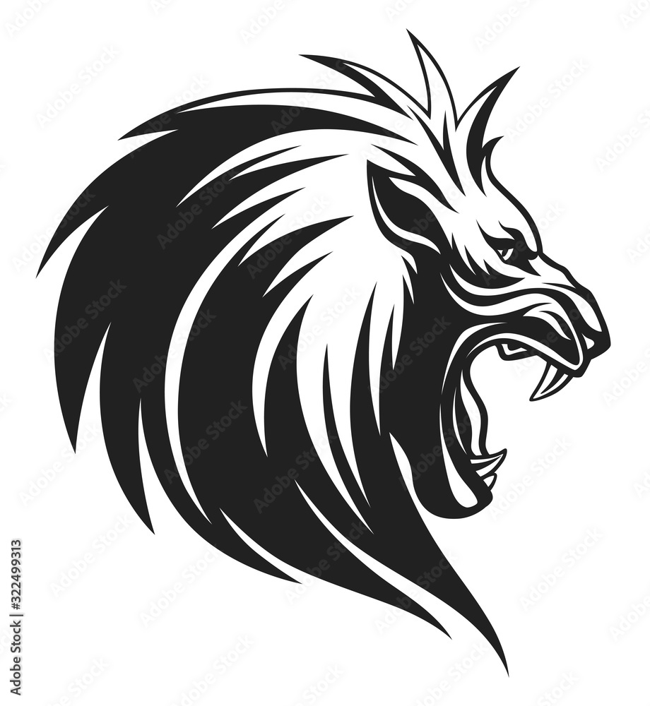 Black and white lion head with open mouth