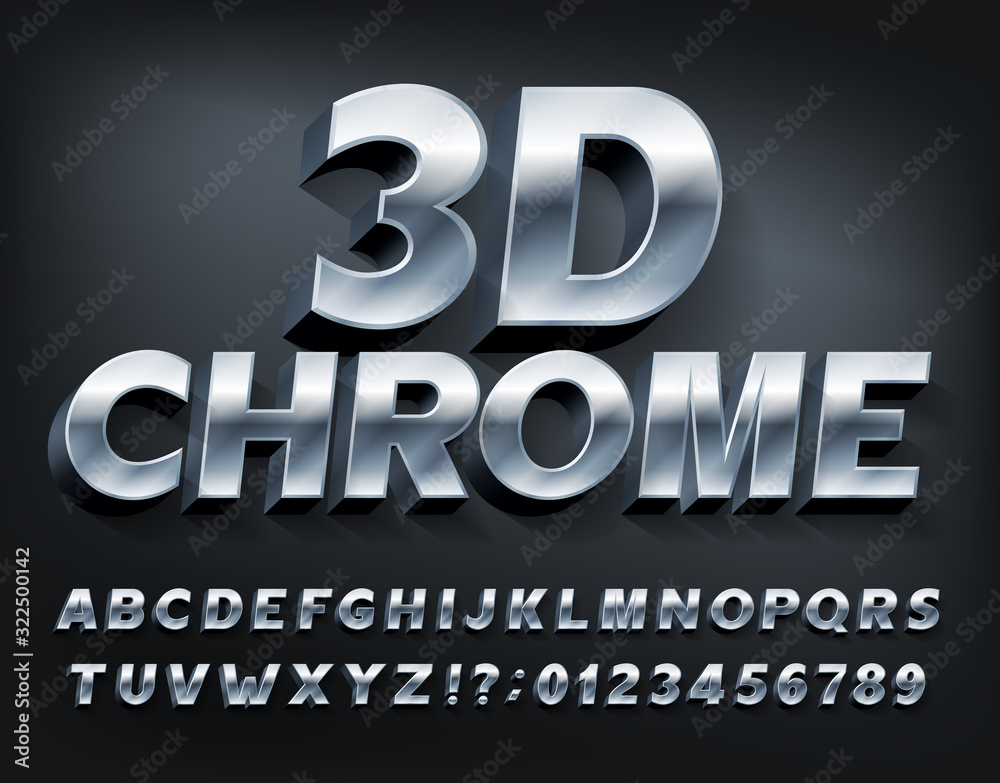 3D Chrome alphabet font. Metallic letters and numbers with shadow. Stock vector typescript for your typography design.