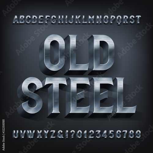 Old Steel alphabet font. 3D metal letters and numbers. Stock vector typescript for your design.