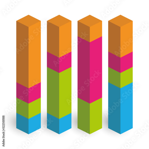Bar chart of 4 growing columns. 3D isometric colorful vector graph. Economical growth, increase or success theme
