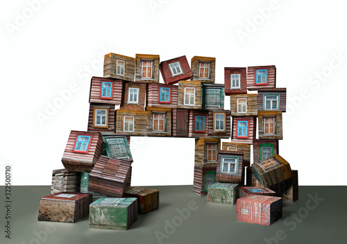 House of wooden blocks and cubes, falling apart