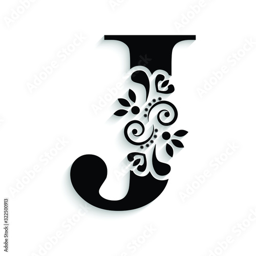 letter J. Black flower alphabet.  Beautiful capital letter with shadow