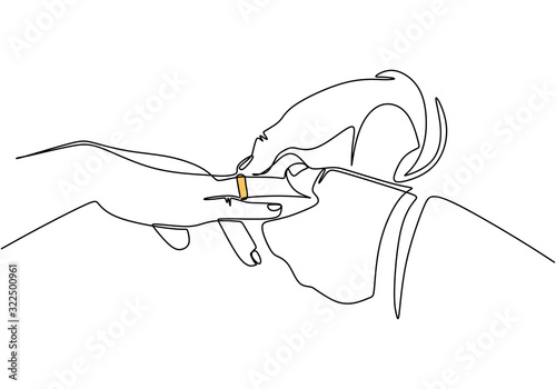 Continuous line drawing of wedding rings. A man put a ring on woman finger. One hand drawn sketch vector illustration. Good for romantic valentine's day greeting banner, poster, and background.