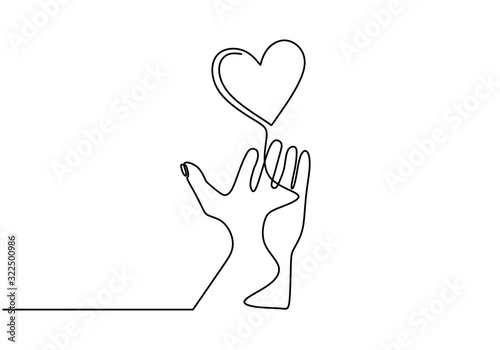 Love symbol with hand and heart. Continuous line drawing, one hand drawn sketch vector illustration. Good for valentine's day greeting banner, poster, and background.