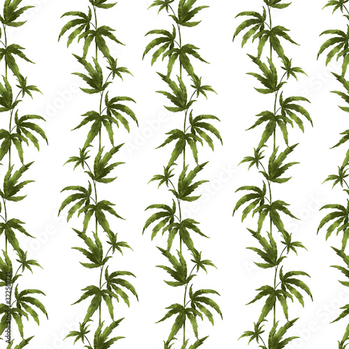 Digital illustration of beauty trending seamless pattern of green juicy hemp leaves on a white background. Print for fabrics  packaging  posters  banners  medical and beauty industry.
