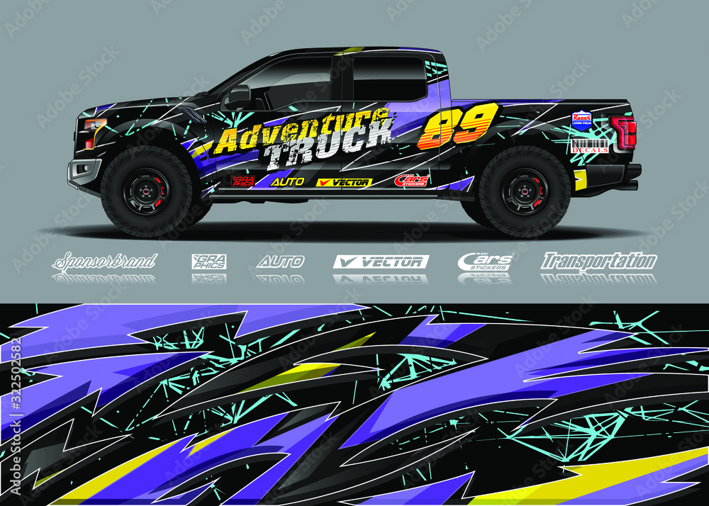 Truck wrap design vector kit. Modern sport graphics. Abstract stripe racing and grunge background for wrap all vehicle, race car, rally, adventure vehicle and car livery. Truck wrap design vector kit. Modern sport graphics. Abstract stripe racing and grunge background for wrap all vehicle, race car, rally, adventure vehicle and car livery.