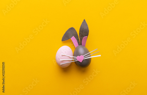 Cute creative photo with easter eggs, some eggs like easter bunny