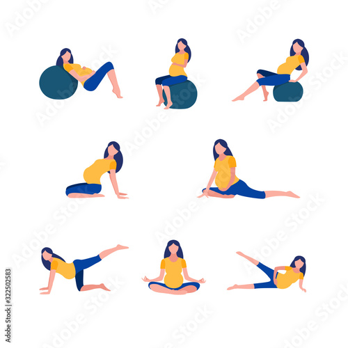 Pregnant woman doing prenatal yoga. Illustration in flat style. Vector web page template. Set of different poses